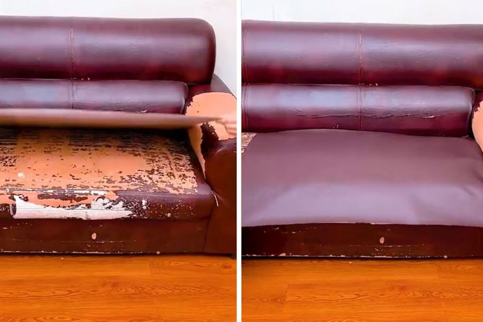 Two images of a leather-covered couch showcasing its design and texture from different angles.